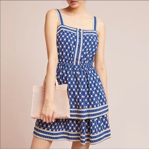 MAEVE (Anthropologie), Oberlin Tiered Jakara Blue Button‎ Down Dress, Size 10 - Picture 1 of 7